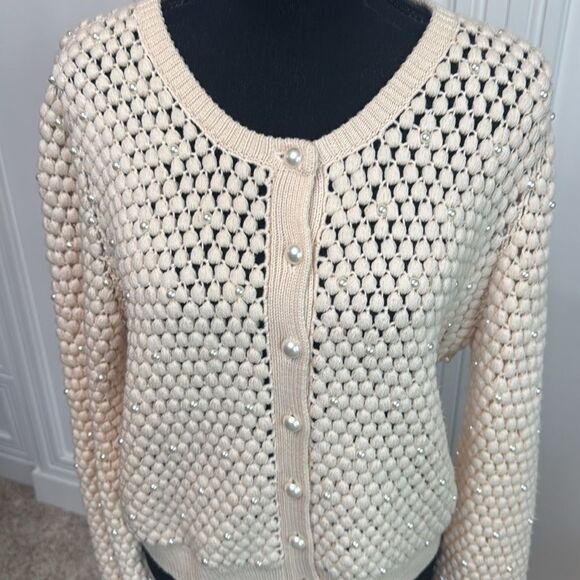 Alice + Olivia Cream Pearl Cardigan Wool Large - Picture 3 of 7